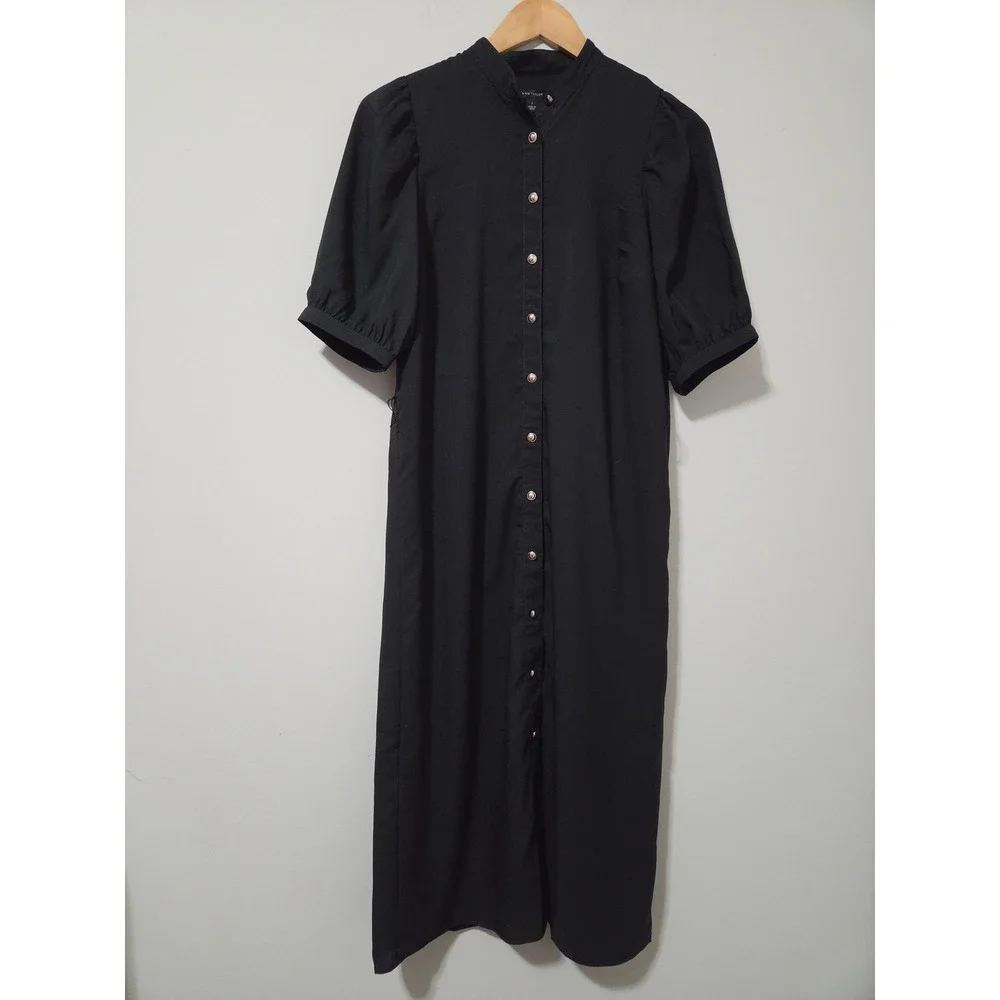 Ann Taylor Black Midi Shirt Dress Gold Button Front Puff Sleeve Size 2‎ RN77379